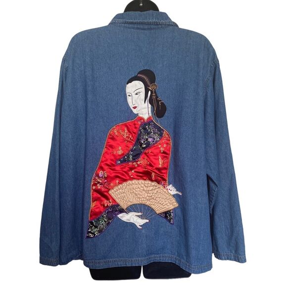 Vintage 90s Satin Appliqué Embroidered Denim Jacket Art to Wear Pockets Sz 3X - Picture 1 of 16